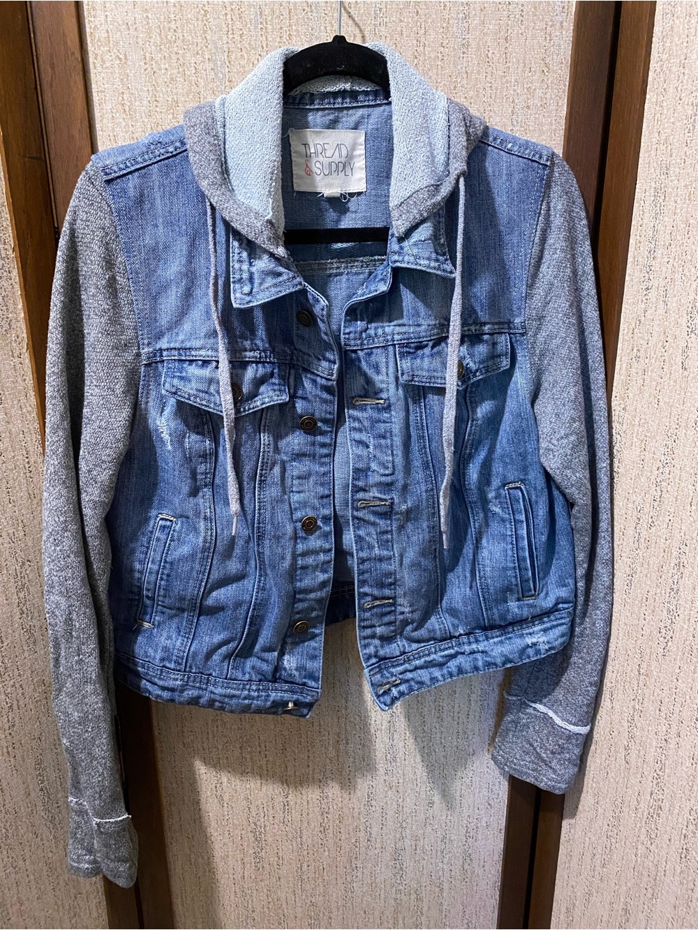 Thread & Supply Light Blue Denim Jacket with Gray Sweatshirt Hoodie and Sleeves